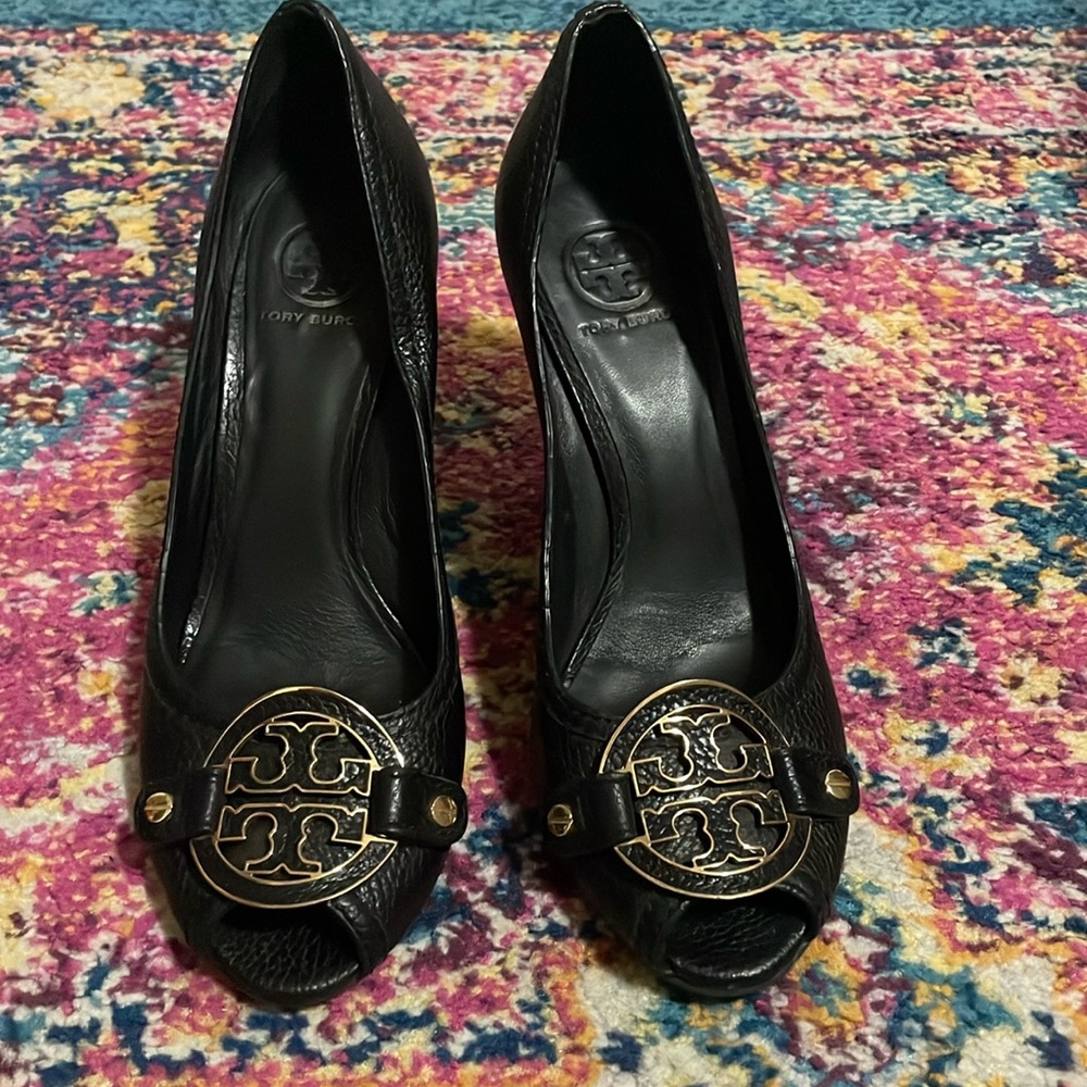 Black Tory Burch Open Toe Wedges